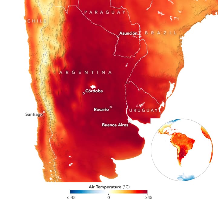 Air temperature map of Argentina showing extreme heat event in January 2022