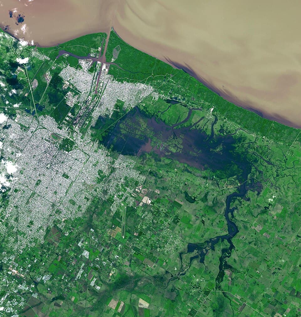 Satellite view of severe flooding in La Plata, Argentina from NASA ASTER