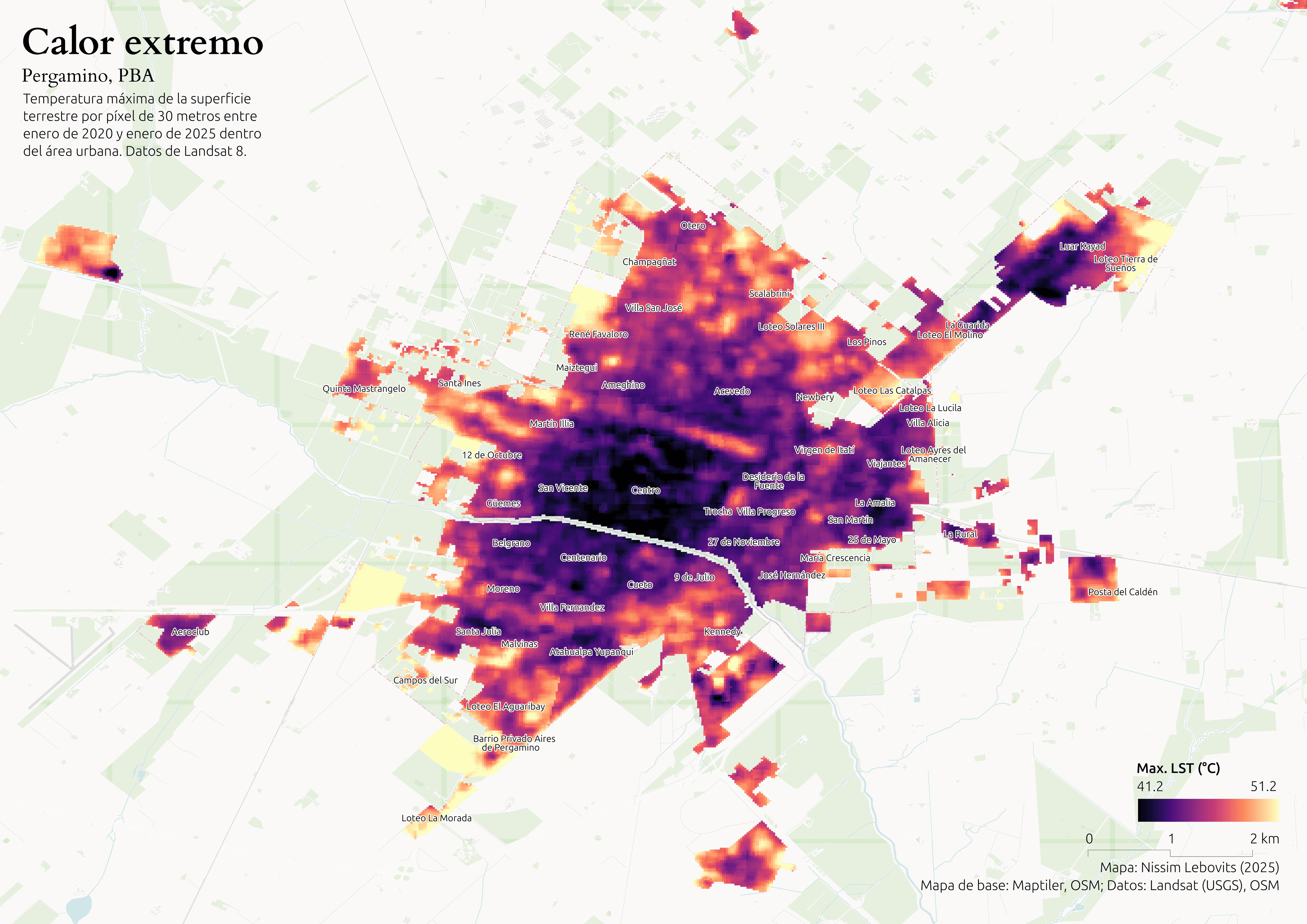 Land surface temperature map of Pergamino showing heat distribution